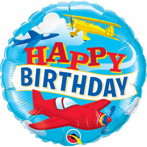 An 18-inch foil Mylar balloon in multicolor, featuring birthday airplanes for an adventurous and vibrant celebration