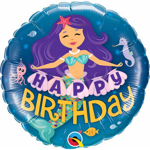 An 18-inch round foil balloon in multicolor, adorned with a happy birthday message and a charming mermaid design for a magical celebration