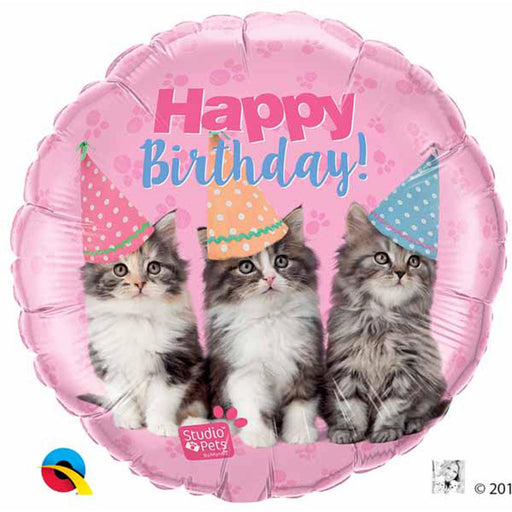 An 18-inch multicolor foil balloon adorned with happy birthday cats and kittens, perfect for a whimsical celebration