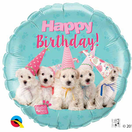 An 18-inch multicolor foil balloon featuring adorable birthday puppies from Studio Pets, adding cuteness to your celebration