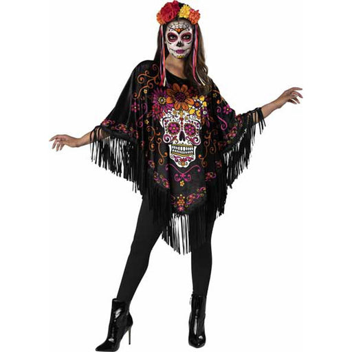 "Vibrant Sugar Skull Poncho Costume - One Size"