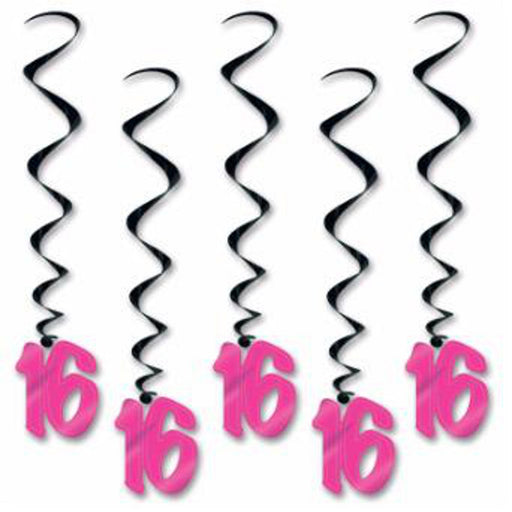 Sweet 16 Whirls Pink Foil Hanging Decorations for Birthday Celebrations (5/Pk)