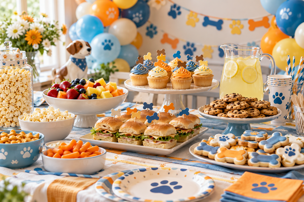 Blue and orange children's birthday food table with easy party snacks