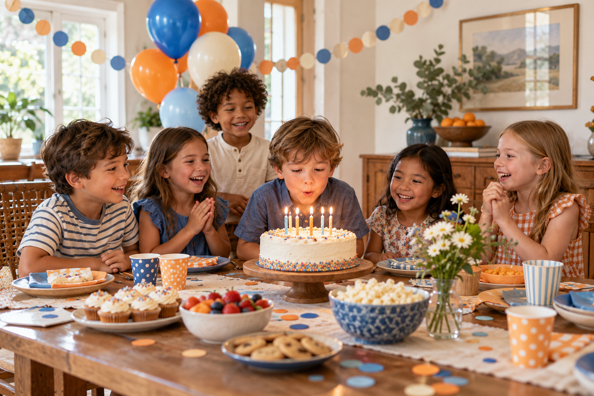 Budget-friendly blue and orange children's birthday party at home