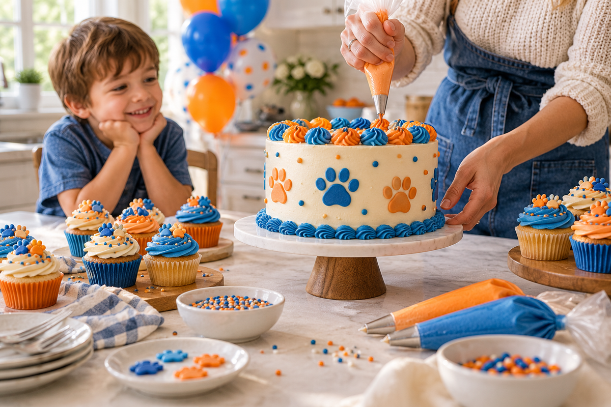 Beginner decorating blue and orange birthday cake and cupcakes