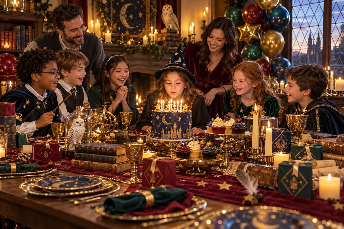 Family celebrating a wizard-themed Harry Potter birthday with party decorations and cake. 15 Harry Potter Party Games Kids Will Actually Play.