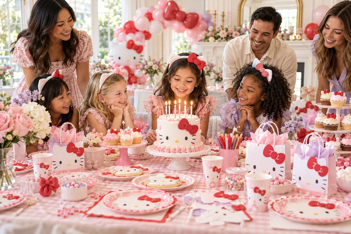 Family celebrating a Hello Kitty birthday with pink party decorations, tableware and cake. Hello Kitty Party Checklist: A Two-Week Timeline.