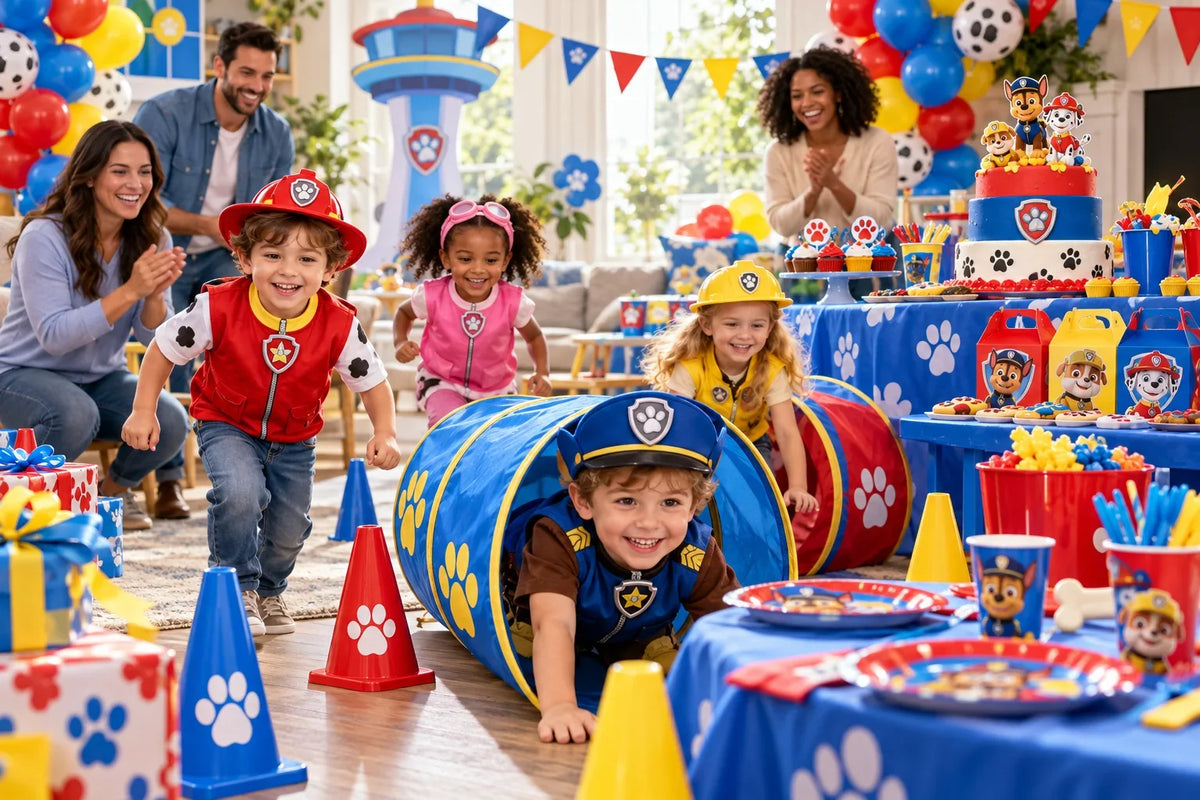 Children enjoying a PAW Patrol birthday with party games, balloons, tableware and cake. PAW Patrol Birthday Cake and Cupcake Ideas for Beginners.