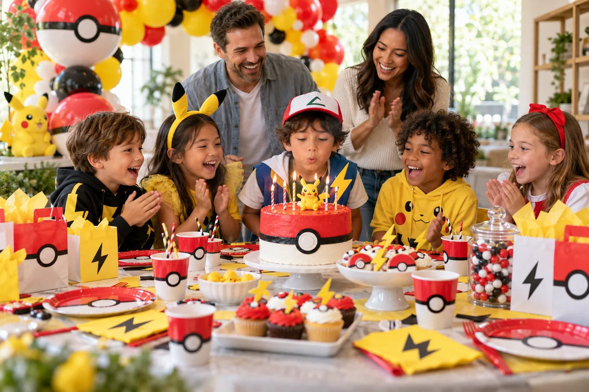 Family celebrating a Pokémon birthday with party games, balloons, tableware and cake. Pokémon Birthday Party Ideas by Age.