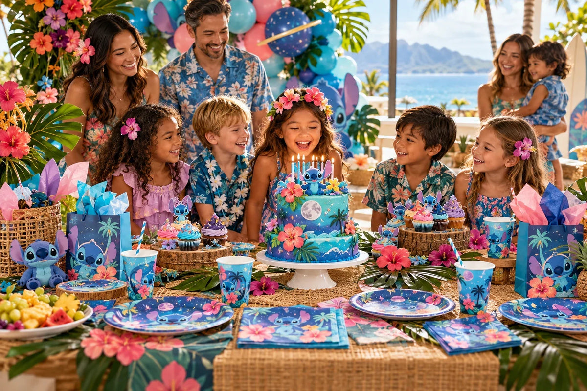 Family celebrating a tropical Lilo and Stitch birthday with balloons, tableware and cake. Lilo & Stitch Party Checklist: A Two-Week Timeline.