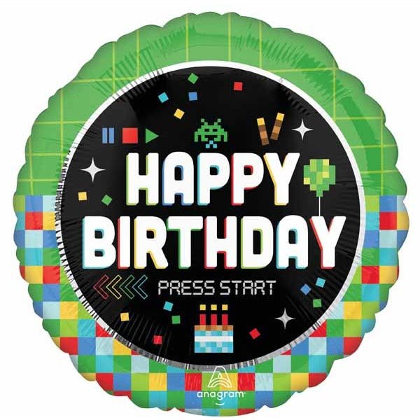 8-Bit Happy Birthday 18-Inch Round Foil Balloon