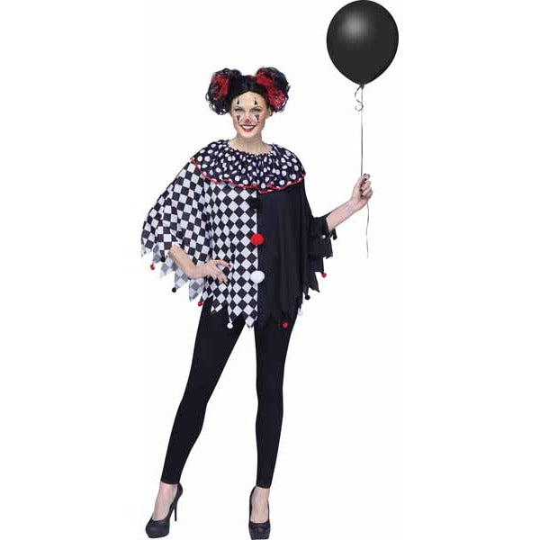 Black & White Clown Poncho Costume, Adult Sizes 4-14