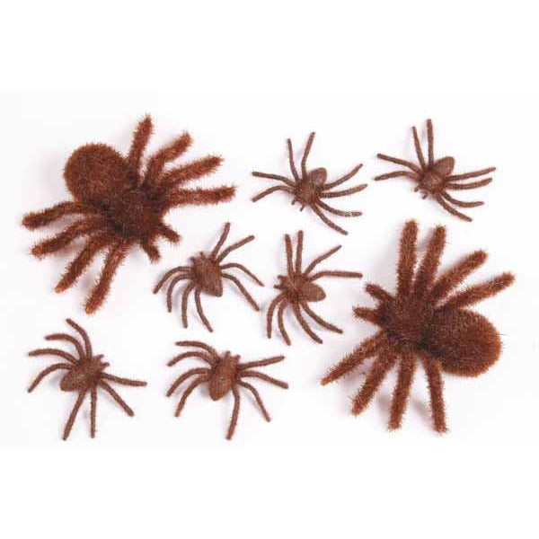 Brown Fuzzy Spider Family Halloween Decorations, 8 Count