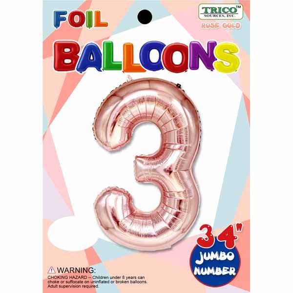 34-Inch Rose Gold Number 3 Foil Balloon