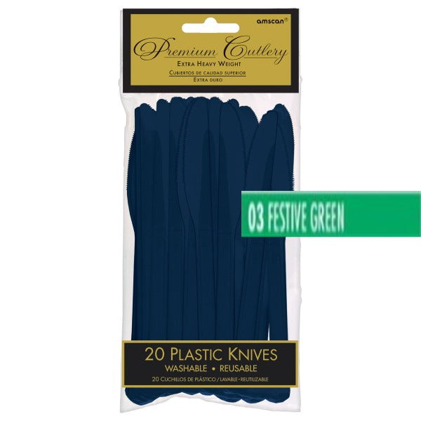 Festive Green Heavyweight Plastic Knives, 20 Pack