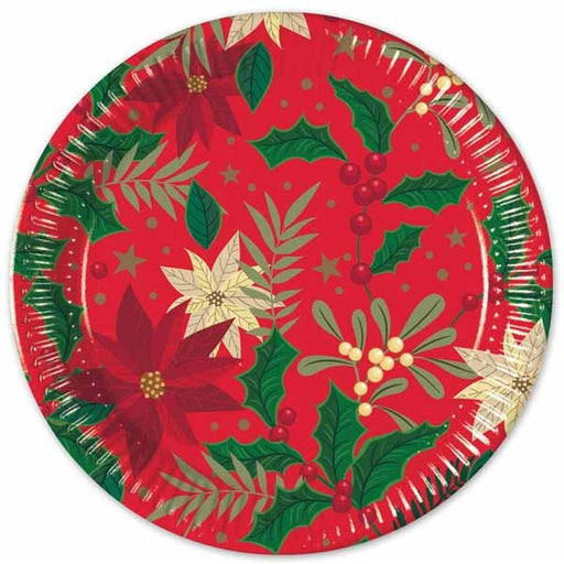 Holly & Poinsettia 9-Inch Paper Plates, 8 Pack