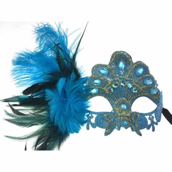 Blue Gem Feather Masquerade Mask