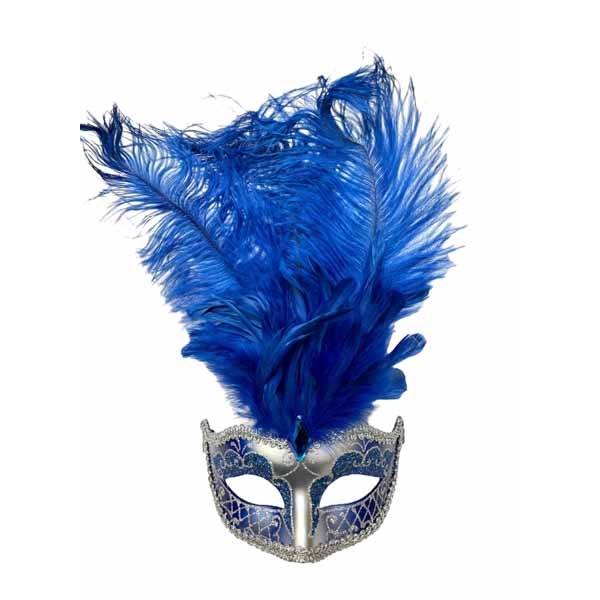 Blue & Silver Feathered Venetian Mask