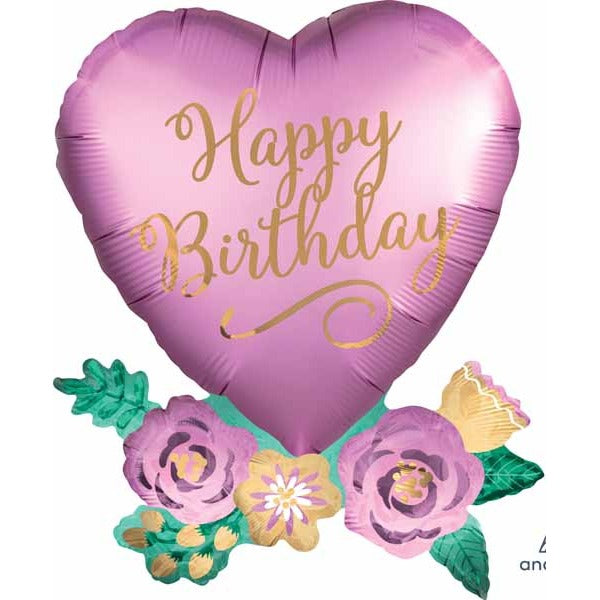 Happy Birthday Heart with Flowers Foil Balloon, 30 Inch