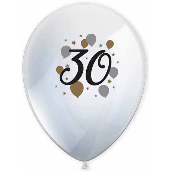 30th Birthday Printed Latex Balloons, 6 Pack