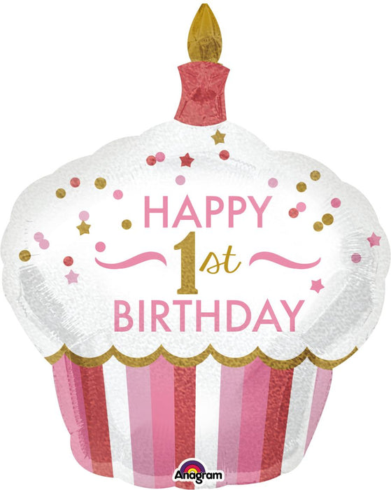 36" 1st B'day Cupcake Girl Foil Supershape Balloon (3/Pk)