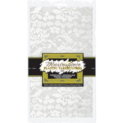 White Lace Plastic Table Cover, 54 x 108 Inches