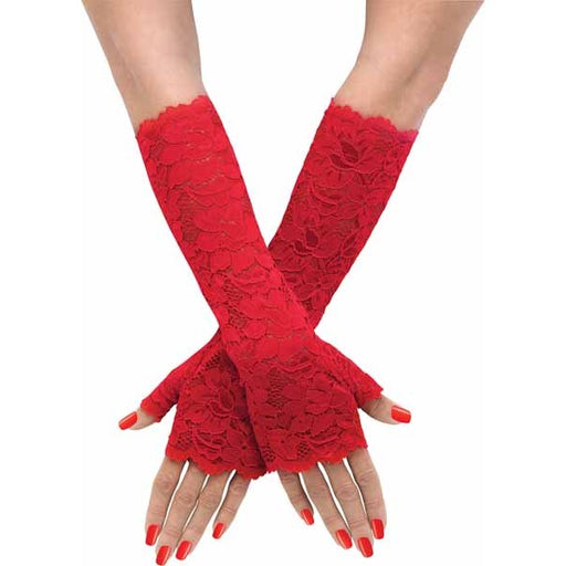 Red Long Stretch Lace Adult Mitts