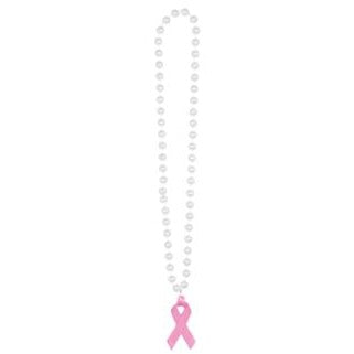 40-Inch Beaded Necklace with Pink Ribbon Medallion