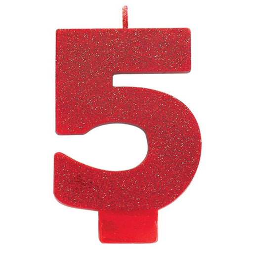 Glimmering Five: 3" Numeral #5 Red Glitter Candle (3/Pk)