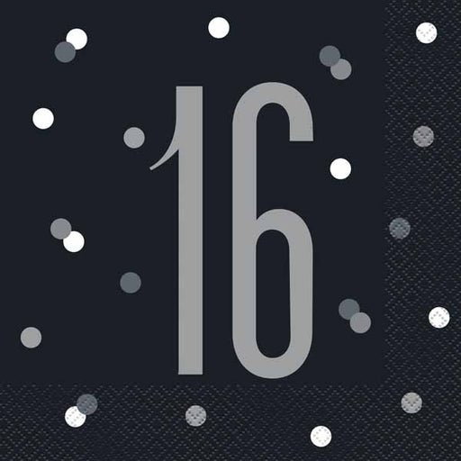 Black & Silver 16th Birthday Luncheon Napkins, 16 Pack