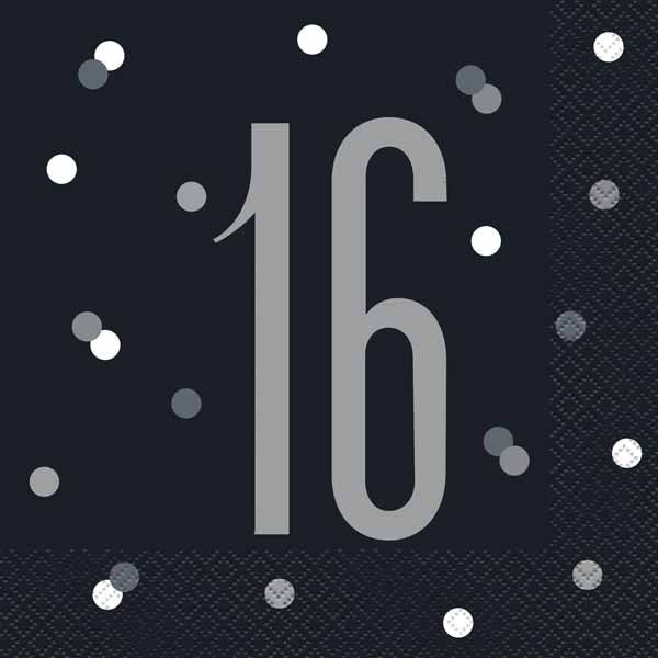 Black & Silver 16th Birthday Luncheon Napkins, 16 Pack
