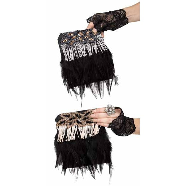 Grey & Black Beaded Fringe Flapper Purse