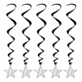 STAR WHIRLS(5/PK) 3' BLACK & SILVER