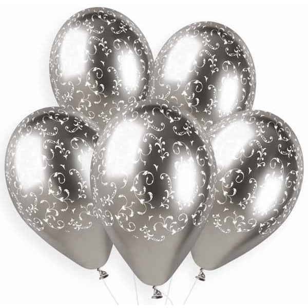 Gemar 13" Shiny Filigree Silver Latex Balloons, 25 Count