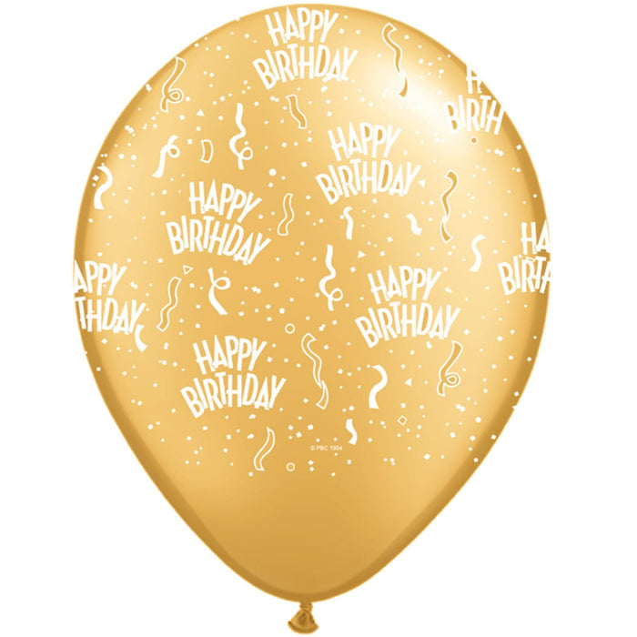 Qualatex 11" Latex Balloon All Around Happy Birthday Print in Gold (50/Pk)