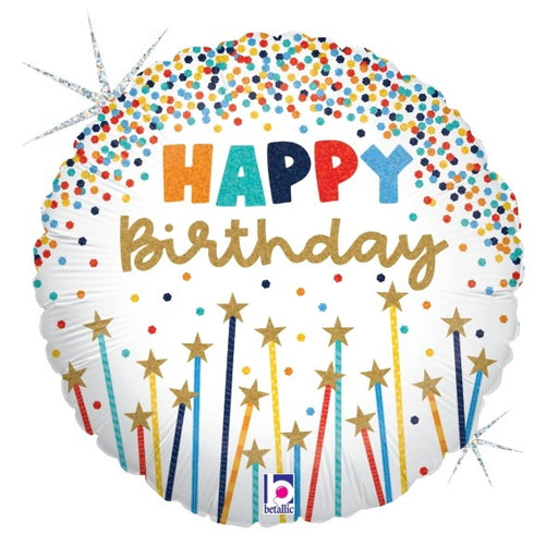 Birthday Star Candles 18" Round Holographic Foil Balloon