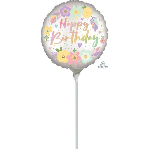 Boho Happy Birthday Satin Flowers 4-Inch Round Foil Balloon