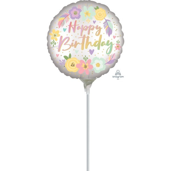 Boho Happy Birthday Satin Flowers 4-Inch Round Foil Balloon