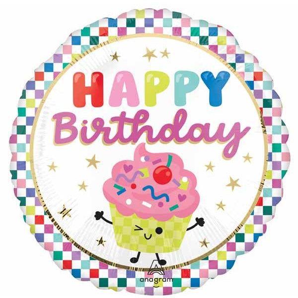 Vibrant Cupcake Happy Birthday 18-Inch Round Foil Balloon