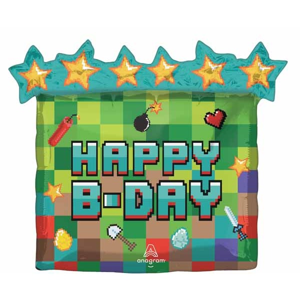 Pixel Party Happy Birthday Shaped Foil Balloon, 25 Inch
