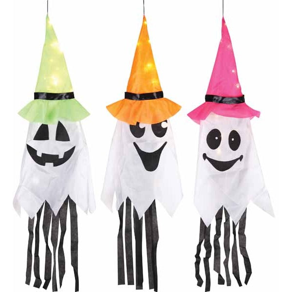39-Inch Light-Up Ghost with Witch Hat Halloween Decoration