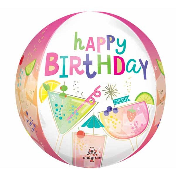 Cocktail Surprise Happy Birthday Orbz Balloon, 16 Inch
