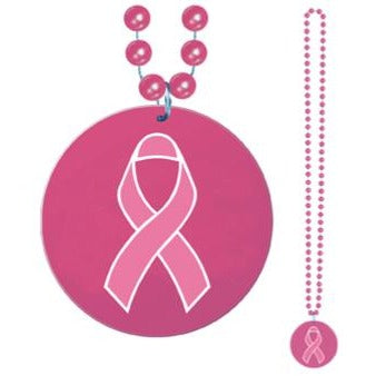 33-Inch Bead Necklace with Printed Pink Ribbon Medallion