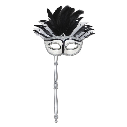 Masque à plumes avec bâton pour Mardi Gras