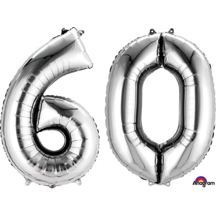 Silver Number 60 Foil Balloon, 34 Inch