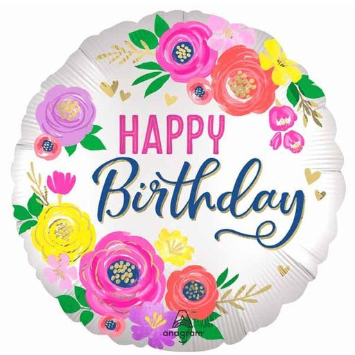 Artful Floral Happy Birthday 18-Inch Round Foil Balloon