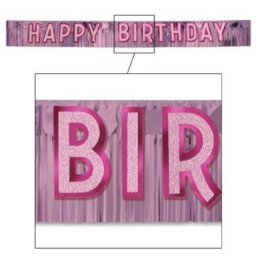 METALLIC HBD FRINGE BANNER 10"X9' PINK