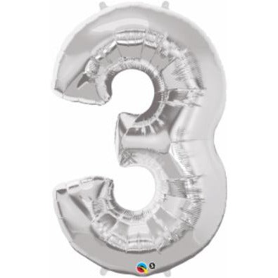 Silver Number 3 Balloon, 34 Inch