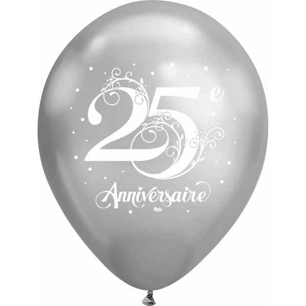 Silver “25e Anniversaire” 12-Inch Latex Balloons, 50 Count