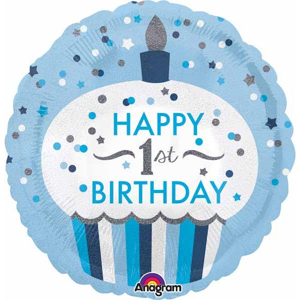 Boy's 1st Birthday Cupcake Holographic Foil Balloon, 18 Inch